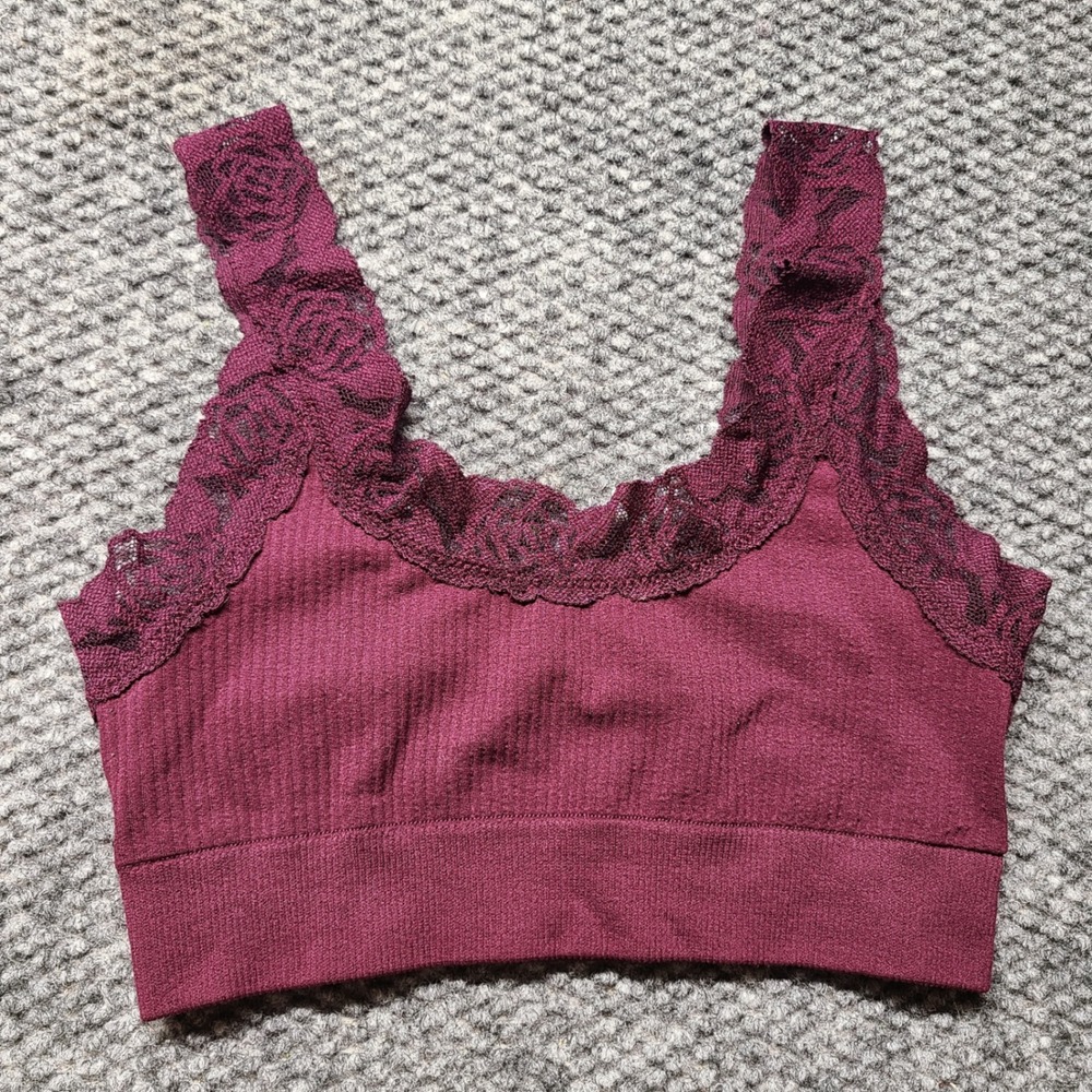 Victorias Secret PINK Lace Trim Ribbed Seamless Bralette Burgundy XS
